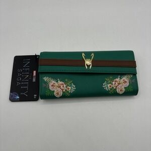 NEW Loungefly Disney Marvel‎ Loki Floral Wallet Embroidered Green Infinity Saga